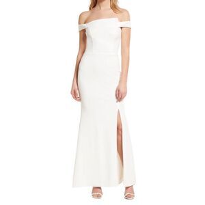 NWOT XSCAPE White Off the Shoulder Scuba Crepe Trumpet Gown Women Size 4